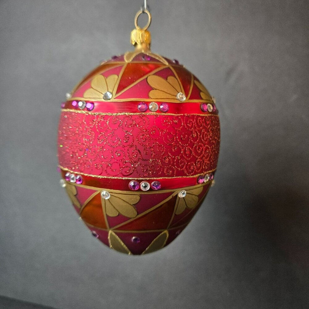 Poland Red Gold Jeweled Glass Egg Ornament Hand Painted Glitter Holiday Decor